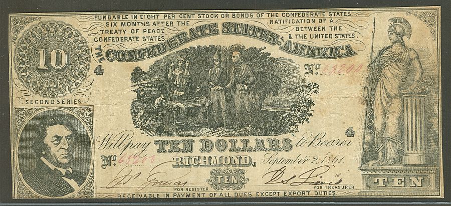 T-30, PF-1, CR-238, 2nd Series 1861 $10 Confederate States of America Note, 65200, ChVF